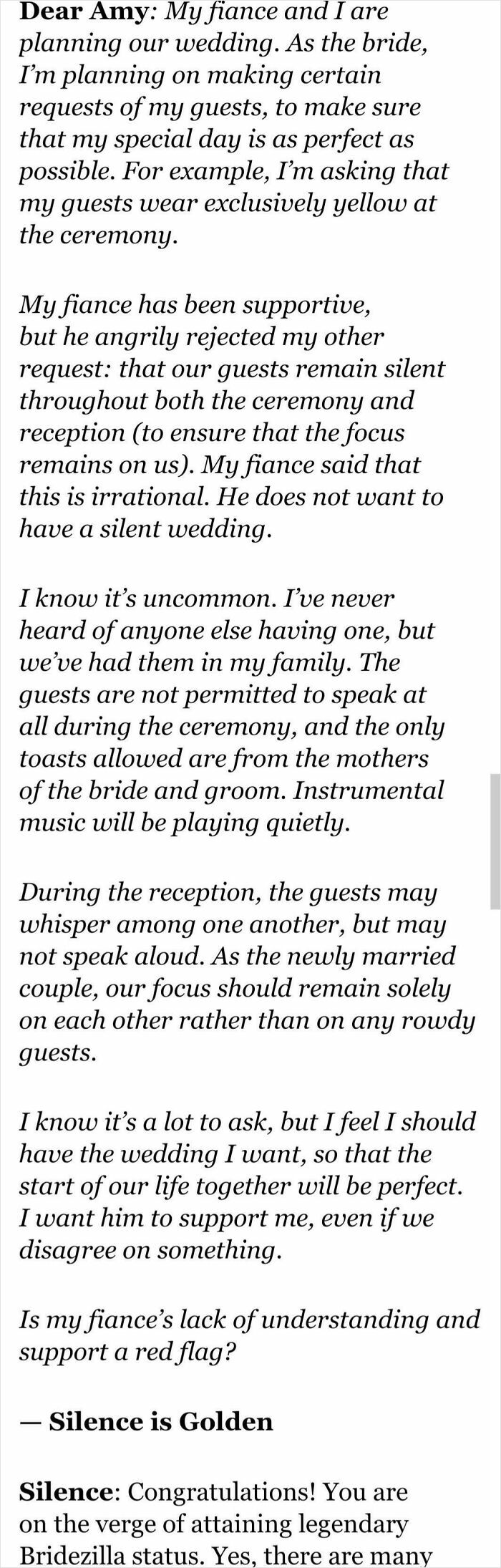 A Dear Amy column detailing a bride's outlandish wedding requests, highlighting "Lunatic Brides" out of touch with reality.