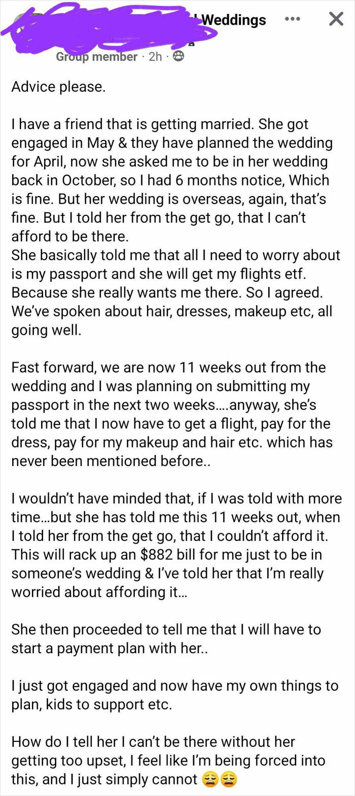 A screenshot of a lengthy social media post about a bridezilla's demands that left a bridesmaid shamed online.