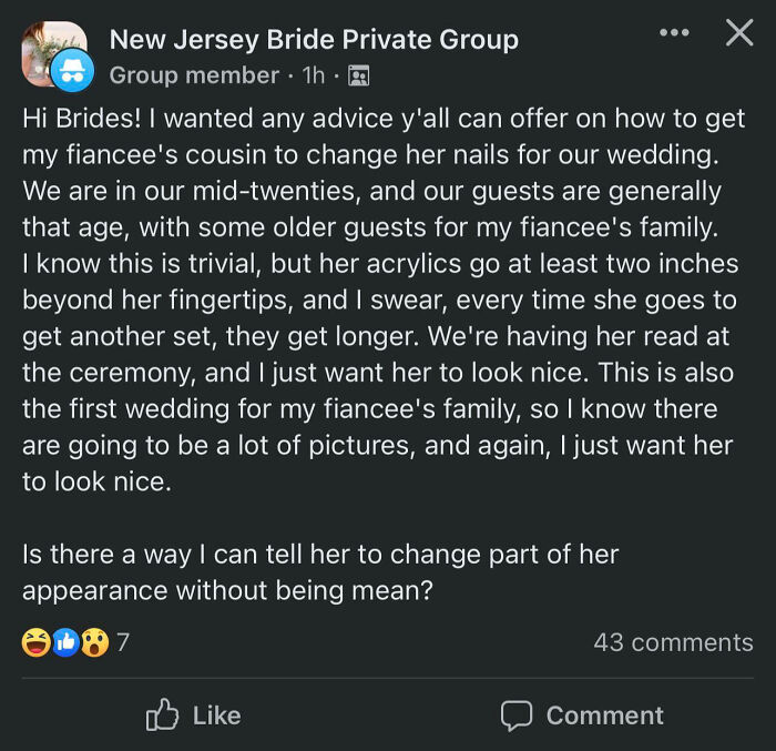 A Facebook post from a "New Jersey Bride Private Group," showing a bride shaming a guest's long nails.