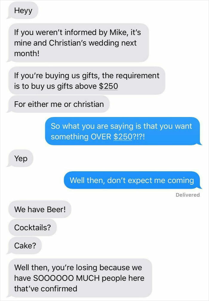 A text message conversation showing a lunatic bride demanding wedding gifts over $250, shamed online for being out of touch.