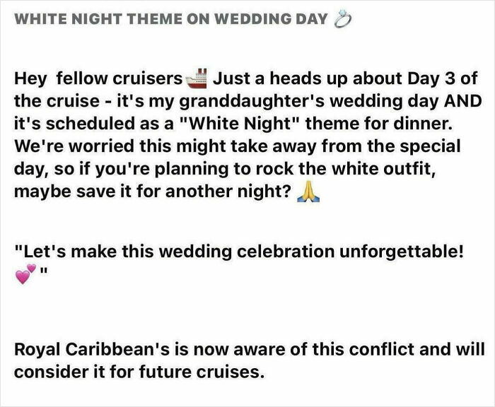 A social media post about a cruise wedding with a "White Night" theme, requesting guests avoid white outfits. This highlights wedding guest behavior shamed online for being out of touch with reality.