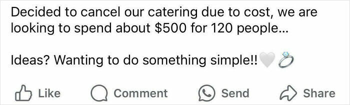 A Facebook post from a user about canceling catering due to cost, showing the plight of brides shamed online.