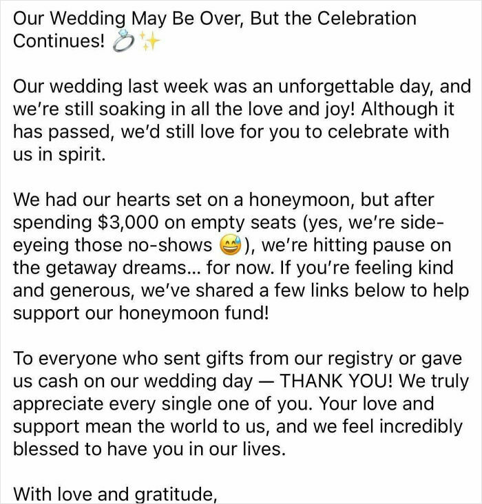 A couple's wedding announcement requesting honeymoon funds after no-shows, revealing brides out of touch with reality.