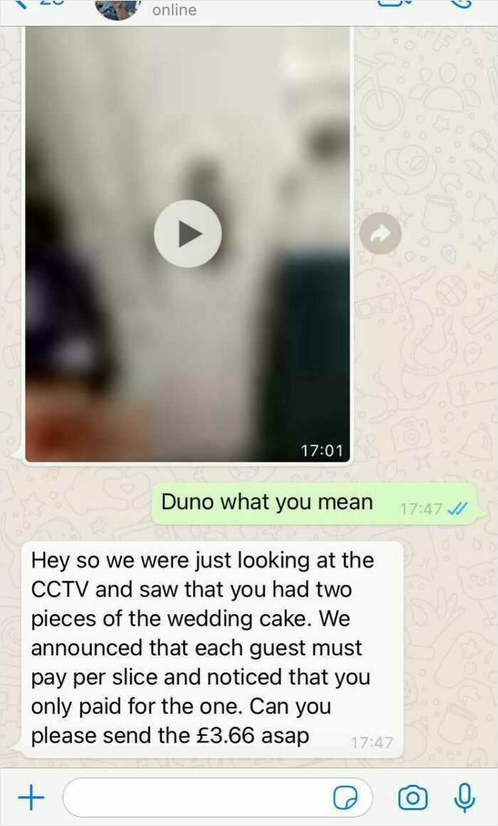 A WhatsApp conversation showing a guest being shamed online for taking two pieces of wedding cake, highlighting brides out of touch with reality.