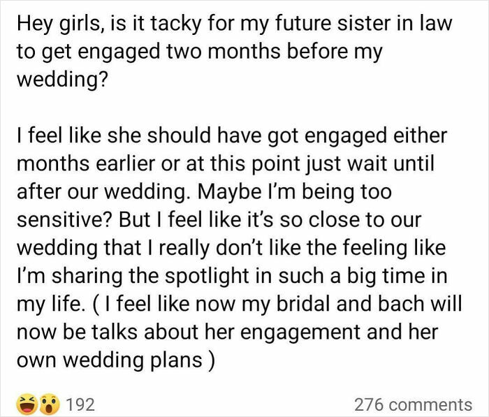 A social media post from a bride-to-be, discussing sister-in-law engagement timing. She feels her spotlight is stolen, an example of brides shamed online.