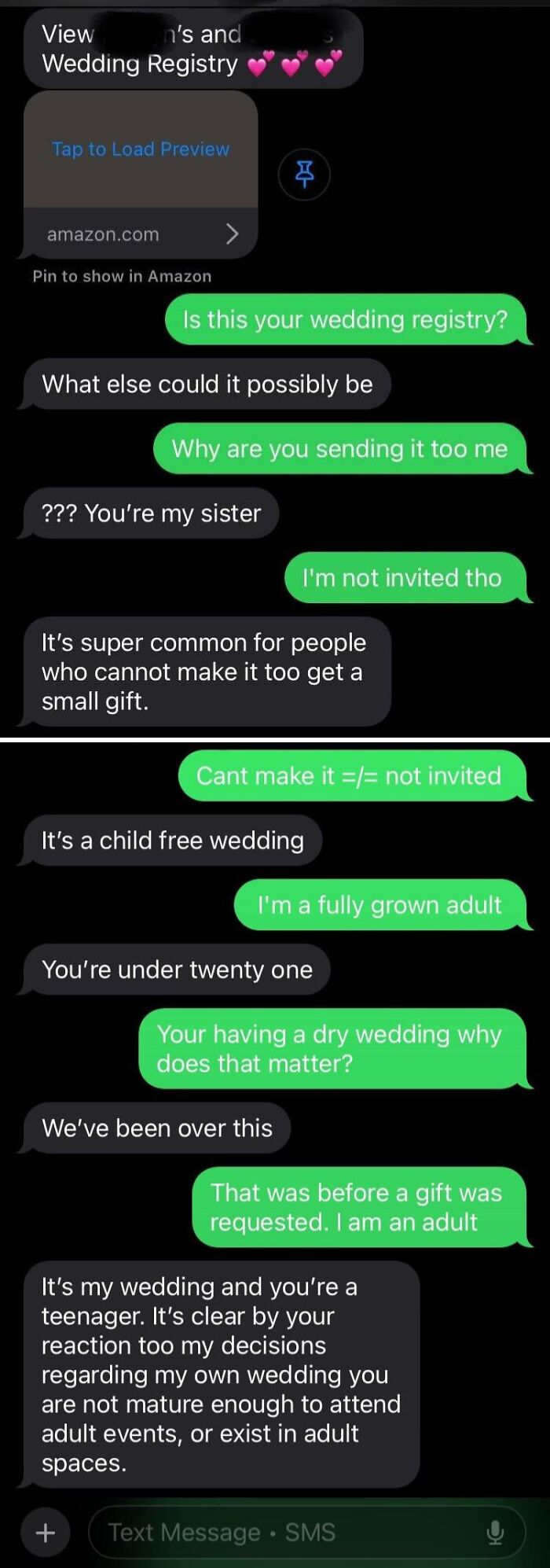 A text message conversation showing an uninvited sister being asked for a wedding gift. Lunatic brides shamed online.