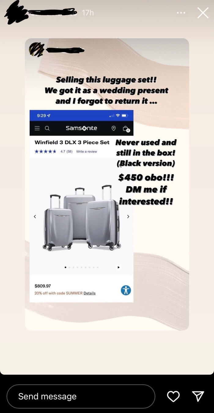 Image of a Samsonite Winfield 3-piece luggage set for sale, highlighting Brides being so out of touch.