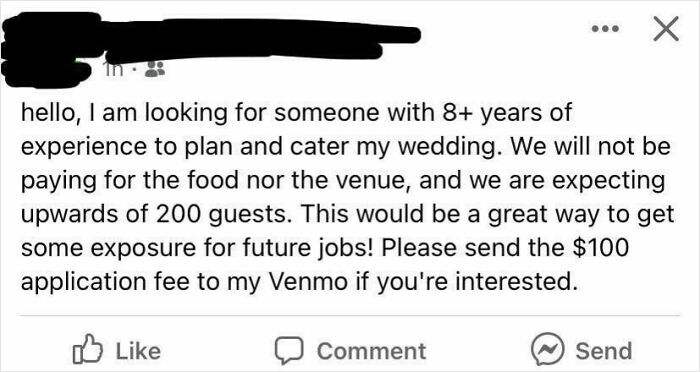 A post from a lunatic bride seeking free wedding planning and catering, charging a $100 application fee. Shamed online for being out of touch.