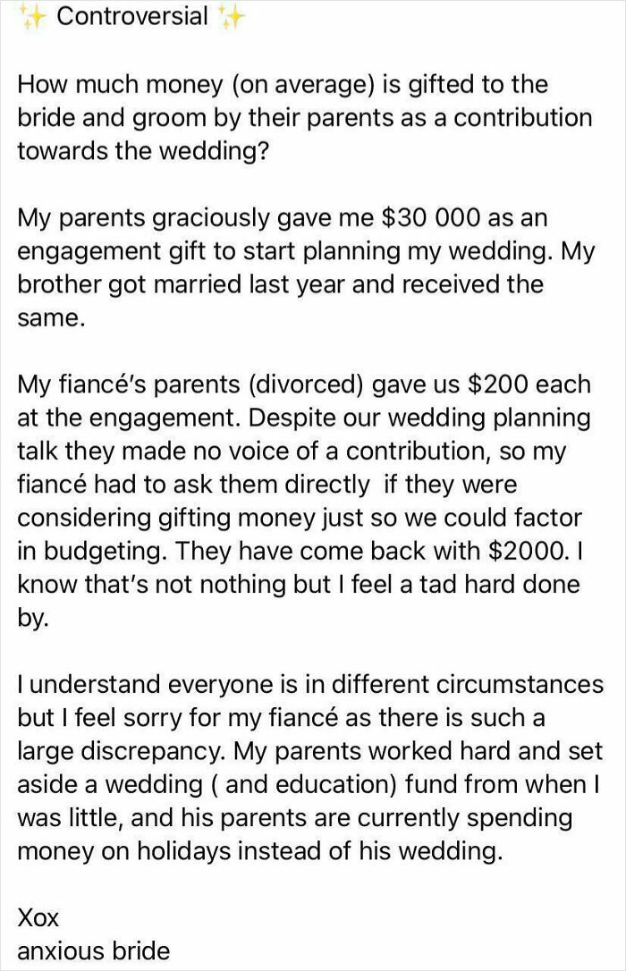 An online post from an anxious bride discussing wedding contributions. Highlighted is a topic about brides shamed online.