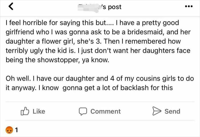 A shamed bridezilla's social media post, discussing her decision to exclude an 'ugly' flower girl from her wedding.