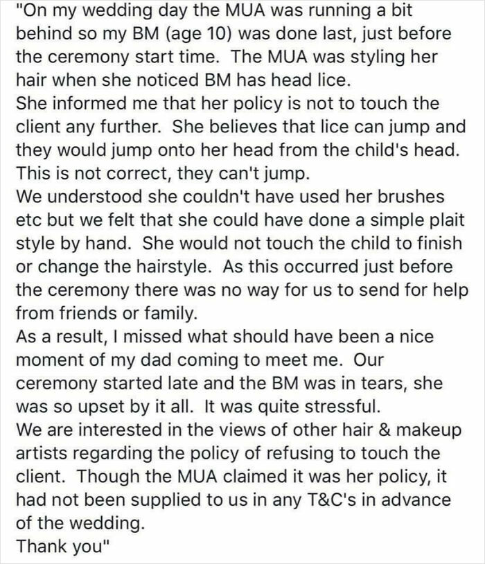 A wedding day story describing a makeup artist's refusal to touch a bridesmaid, reflecting on being out of touch with reality.