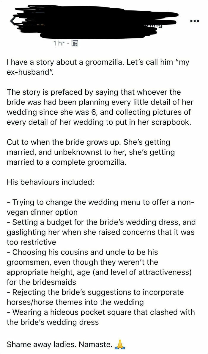 A social media post detailing a groomzilla's controlling behavior. Brides shamed for being out of touch with reality.