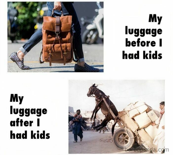 A funny travel meme: light luggage before kids, heavy, overloaded luggage after kids, highlighting travel memes.