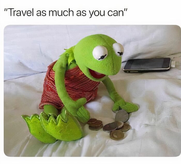 Kermit the Frog, dressed in a red outfit, sadly counting a few coins on a white bed, a phone nearby. Relatable travel memes.
