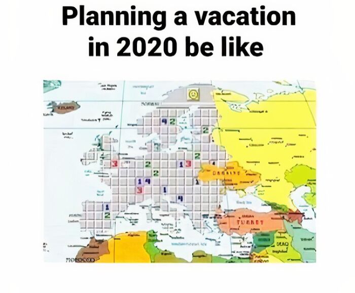 A world map designed like a Minesweeper game, illustrating travel memes and the difficulty of planning vacations.