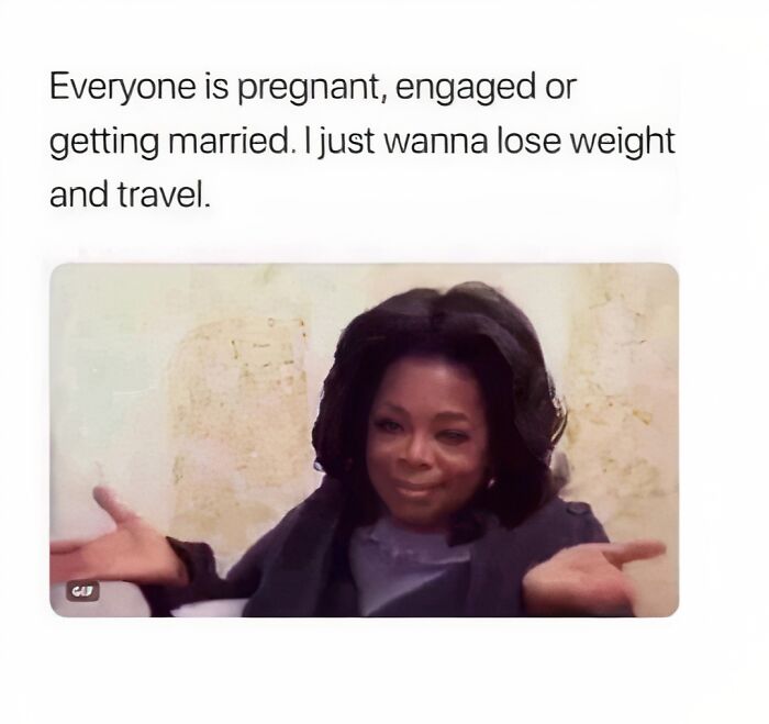 Oprah Winfrey shrugs, with text about wanting to lose weight and travel. A relatable travel meme.