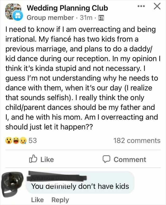 Social media post debating a wedding dance causing drama in a planning group
