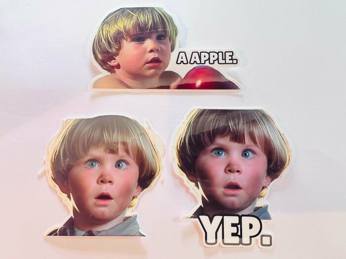 Three stickers of a 90s kid meme featuring a child looking surprised, with text A APPLE and YEP.