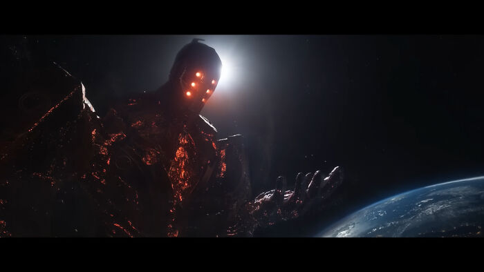 Celestial Ajak from Marvel's Eternals in space, towering over Earth, a detail from a movie with hilarious nonsensical details.