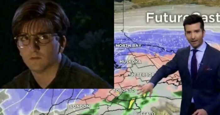 A split image showing a shocked man and a weather forecast, a relatable throwback meme for 90s kids.