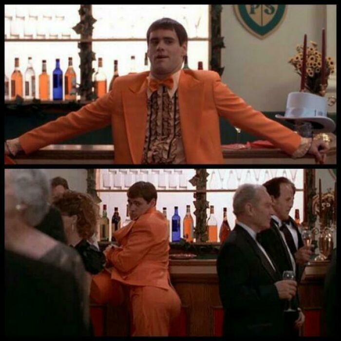 Jim Carrey as Lloyd Christmas in an orange tuxedo, a classic throwback meme for 90s kids.