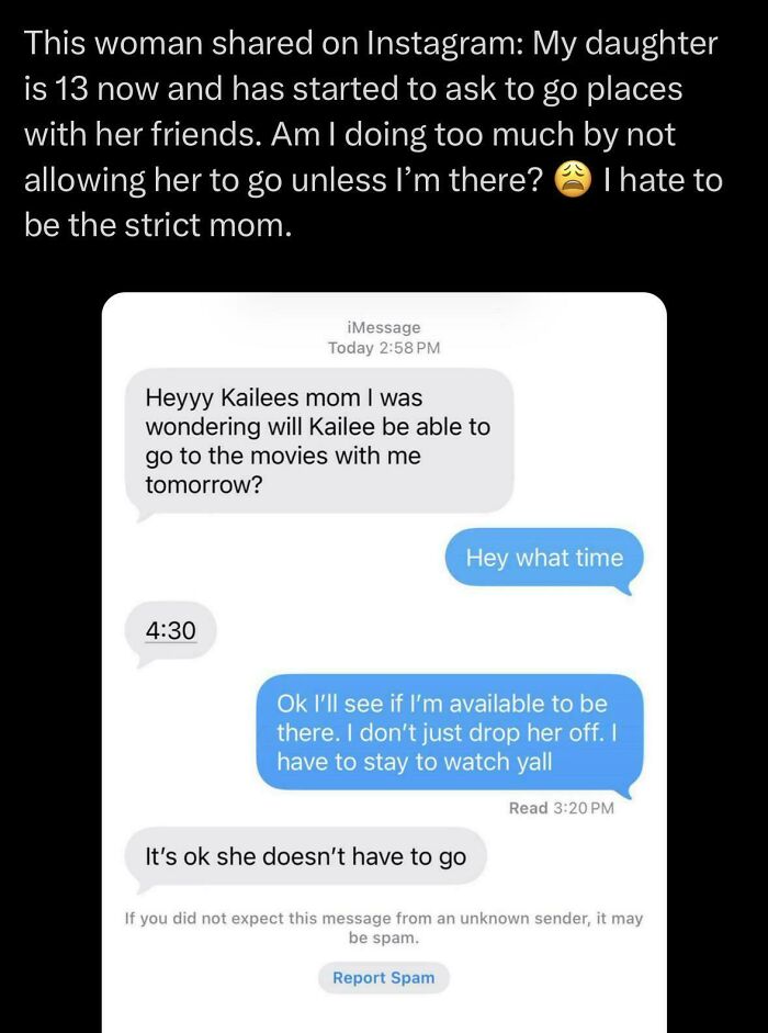 An Insane Parent's text conversation about a strict mom not allowing her 13-year-old daughter to go to the movies.