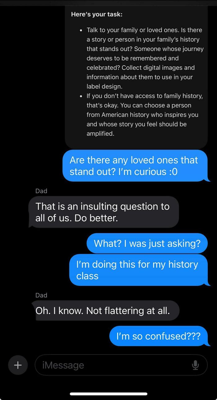 A text conversation showing a child's task to identify a notable family member met with a sarcastic response from an insane parent.