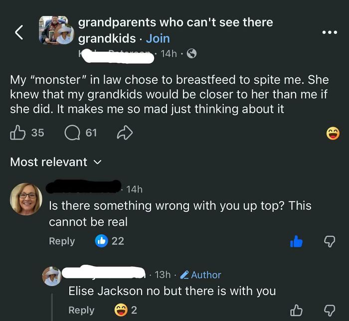 Facebook post about insane parents with a mother-in-law breastfeeding to spite the poster. Comments react to the situation.