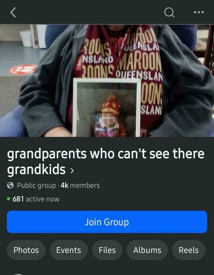 A person wearing a maroon shirt holds a framed photo of a blurred child. Below is a group titled "grandparents who can't see their grandkids," highlighting difficult lives caused by insane parents.