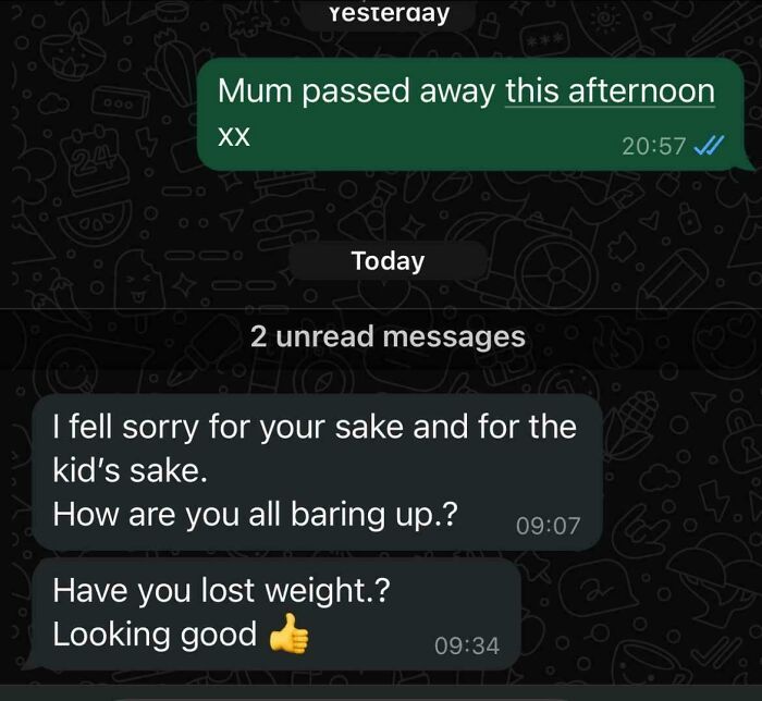 A text message conversation showing a parent's insensitive response after being told of a d***h, exemplifying insane parents.