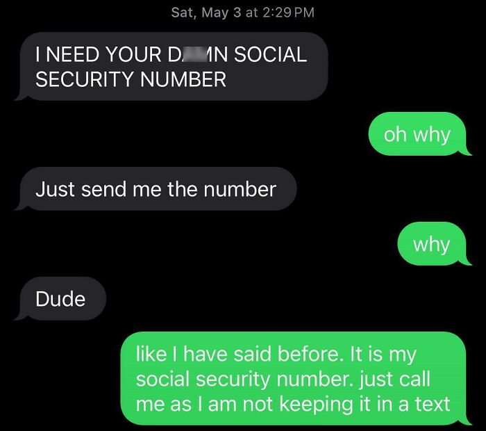 A text exchange showing "Insane Parents" demanding a social security number, illustrating difficult family interactions.