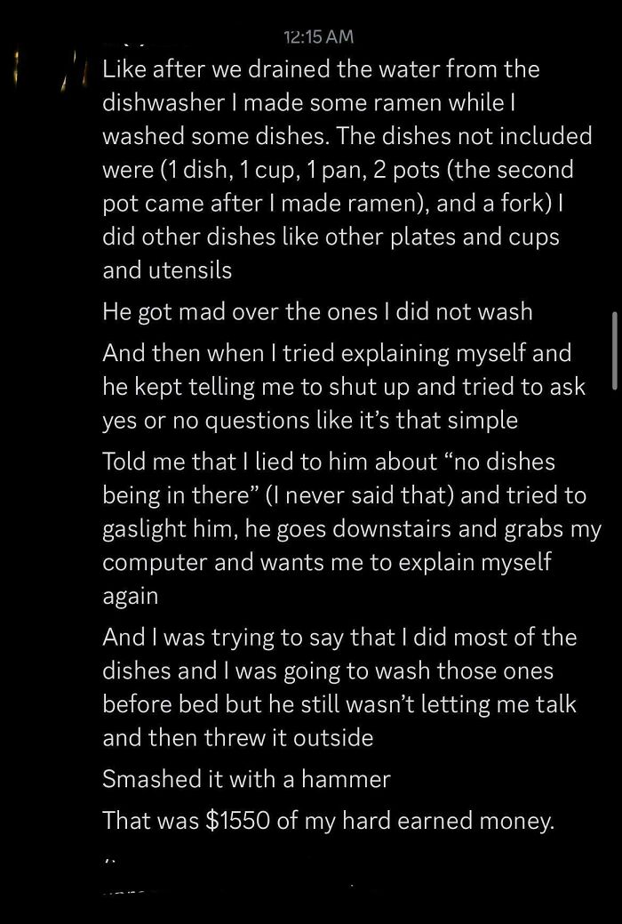 A screenshot of a text message on a black background, detailing an "insane parents" story of a computer being smashed over unwashed dishes.