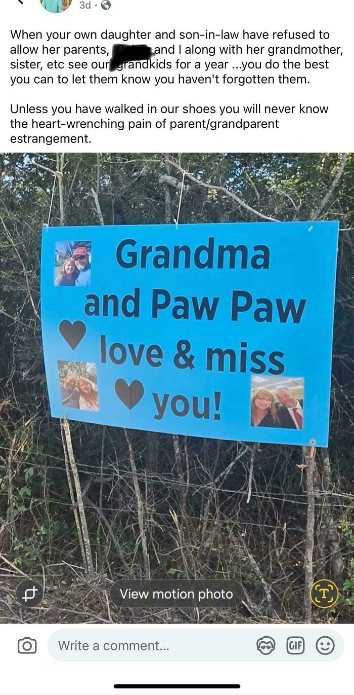 A blue sign in a wooded area, with photos of "insane parents" displaying "Grandma and Paw Paw love & miss you!"