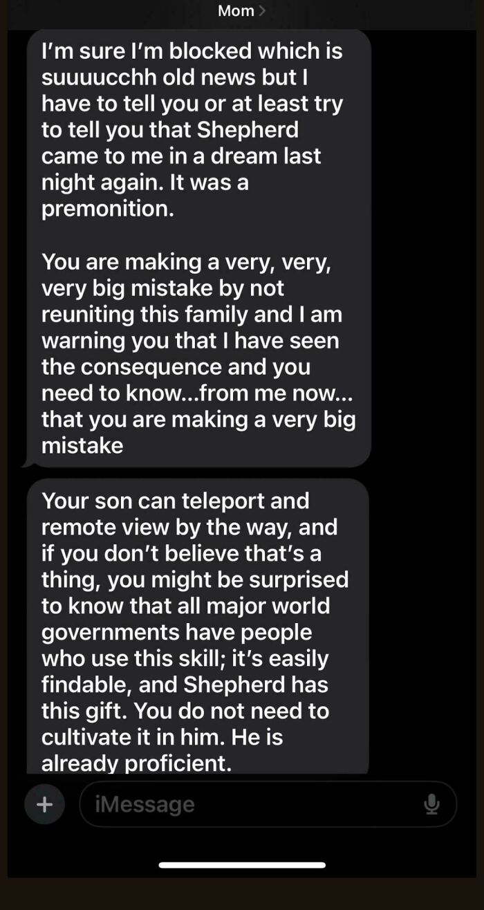 A screenshot of text messages from "Mom" to someone, featuring an insane parent claiming premonitions and teleportation abilities.