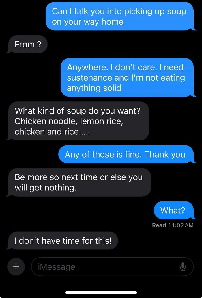 A text message conversation showing an insane parent refusing to pick up soup for their child, despite the child being unwell.