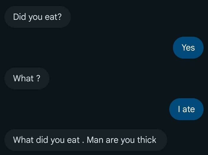 A text message conversation showing an "insane parents" exchange about eating, highlighting communication challenges.