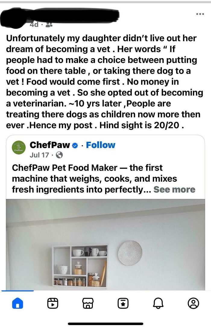 A social media post from a parent discussing how their child didn't become a vet, highlighting "insane parents" who treat pets like children.