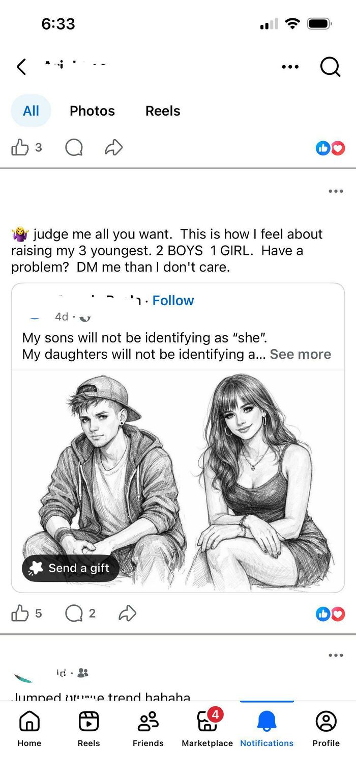 A social media post from "insane parents" showing sketches of a boy and girl, declaring their children will not identify as she/he.