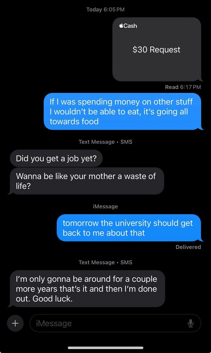 A screenshot of a text message conversation, depicting difficult exchanges between parents and their child, showcasing insane parents.