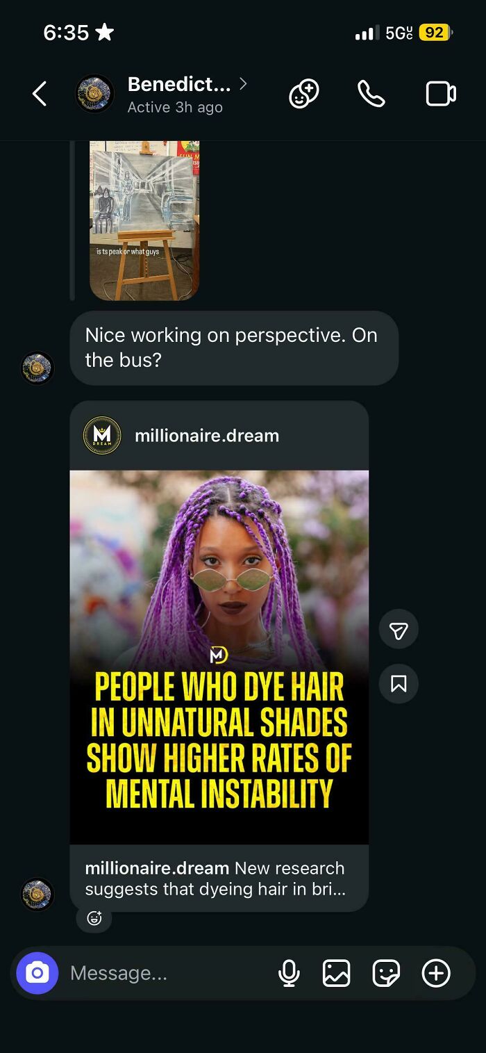 A phone screen showing a chat with a post about "Insane Parents" and hair dye.