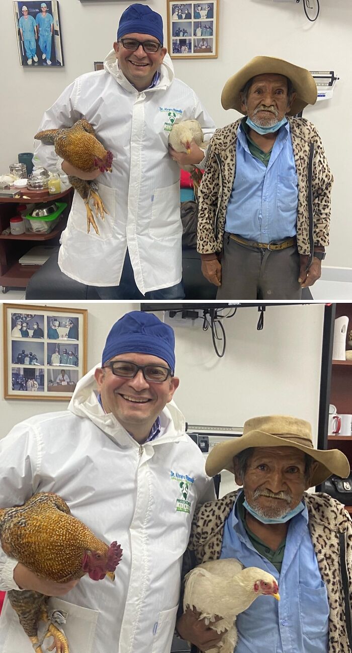 Doctors awesome sense of humor shines as a man and doctor pose with chickens. A funny, less scary moment at the clinic.