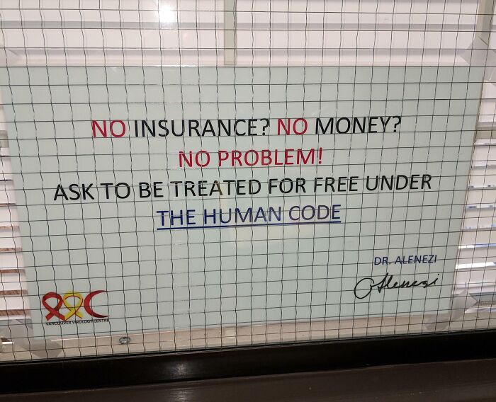 A sign from Dr. Alenezi at Vancouver Urology Centre, showing doctors' awesome sense of humor offering free treatment.