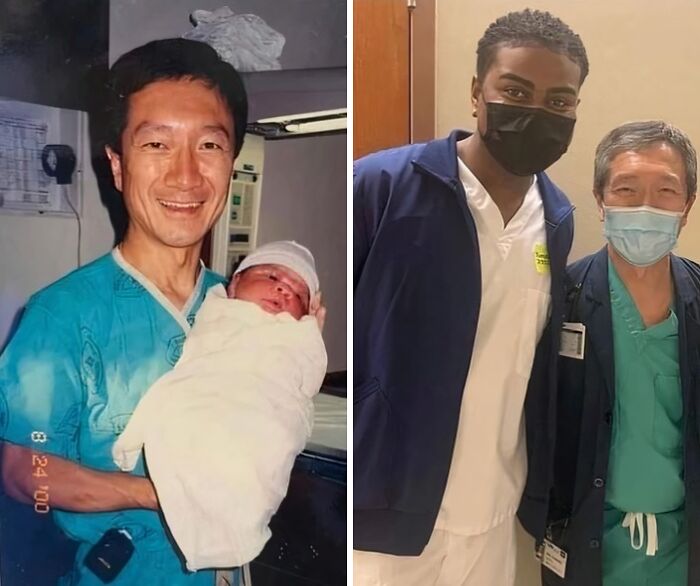 A doctor holding a newborn in 2000, and later posing with the grown child in 2022. This demonstrates an awesome sense of humor.