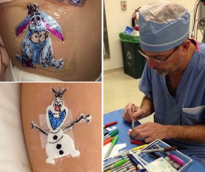 A doctor with an awesome sense of humor draws Eeyore and Olaf on medical tape, making everything less scary for patients.
