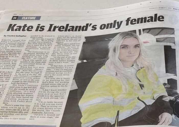 A newspaper article featuring a young blonde woman in a yellow and white striped jacket. Premature truncation of meaning.