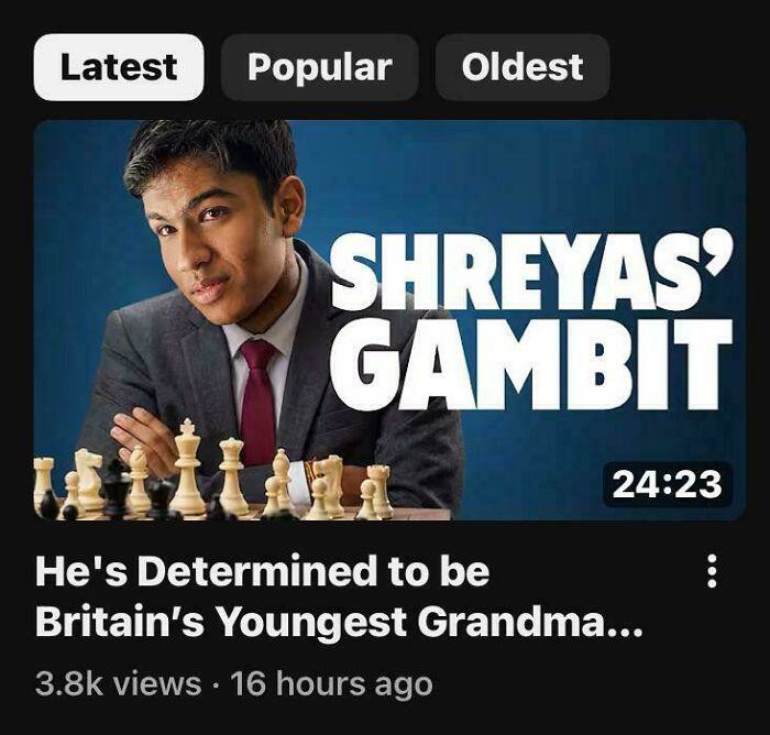 A young man in a suit, playing chess. The video title starts, Shreyas' Gambit. Sentence truncation is humorously shown.