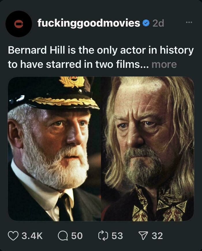 Bernard Hill as Captain Smith and King Théoden, an example of premature truncation in a social media post.