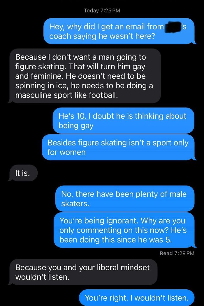 A text message conversation showing an insane parent preventing their son from figure skating, insisting he play football instead.