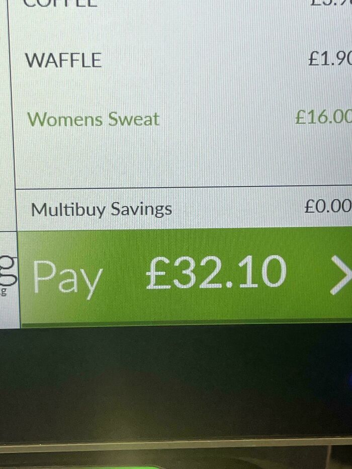 A close-up of a self-checkout screen displaying itemized purchases and a total of £32.10, illustrating premature truncation of words.