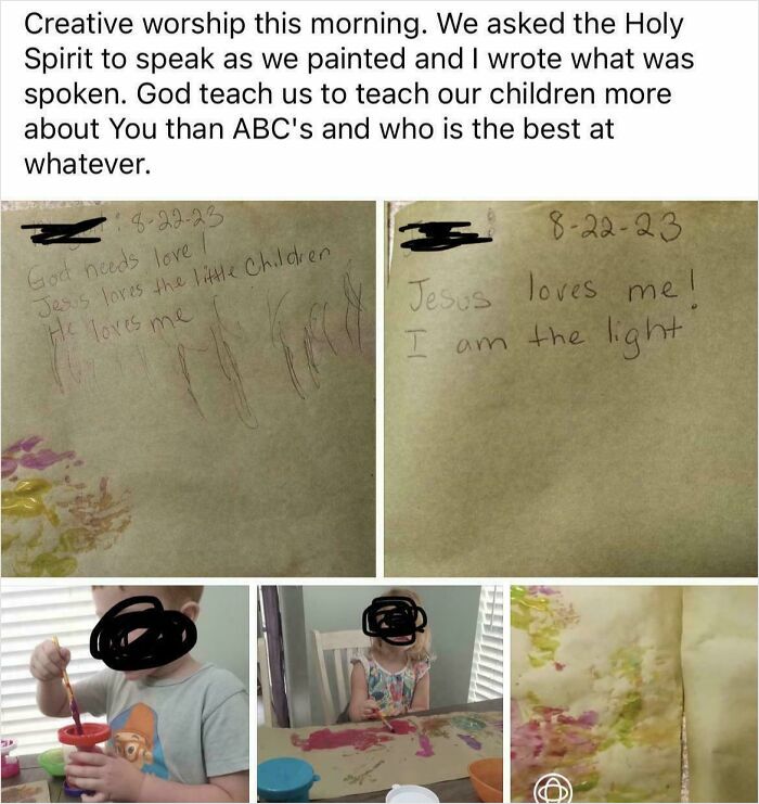 Kids painting and writing religious phrases. Parents guide children in creative worship. Insane Parents often share kids' crafts.